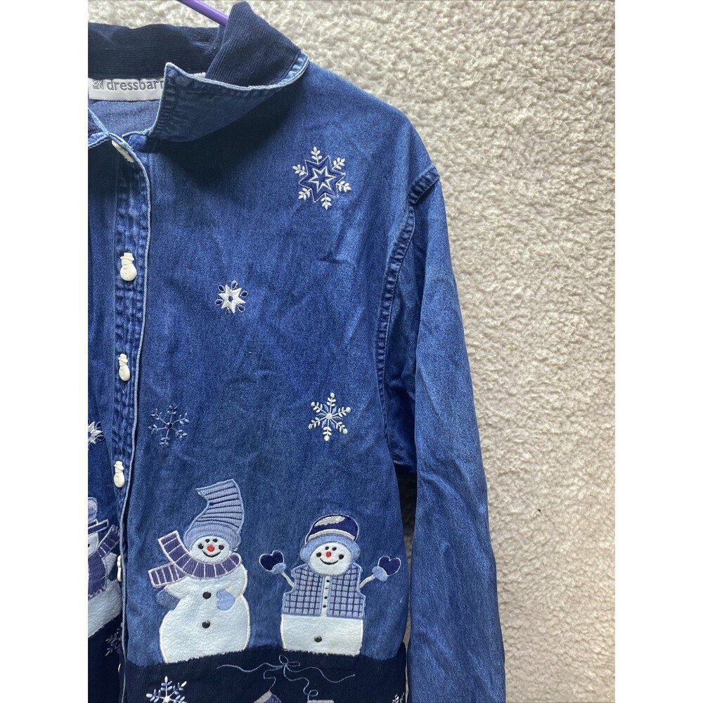 Dressbarn Christmas Snowman Button Down Denim Shirt WMNS L Blue Embroidered - Picture 6 of 13
